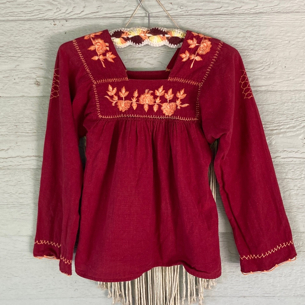 Boho Embroidered Women's Long-Sleeve Top in Deep Wine
